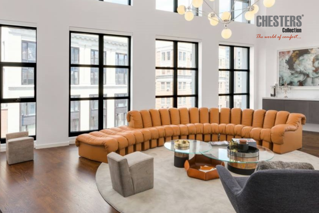 DS-600 by de Sede modular leather sofa with interlocking segments, flexible curved configuration, and premium leather upholstery