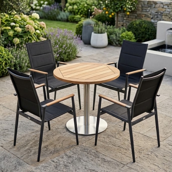 Bistro round table in teak top with Regg chair by Niehoff